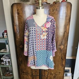 Johnny Was 100% Silk Multicolor Patchwork V-Neck Tunic